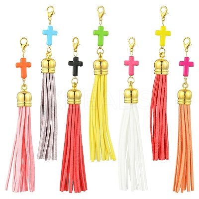 Cross Acrylic & Faux Suede Tassel Pendant Decorations HJEW-YW00078-01-1