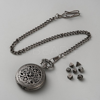 Vintage Alloy Flat Round Hollow Pocket Watch with Brass Curb Chain AJEW-WH0752-005B-1