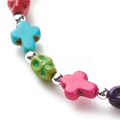 Synthetic Turquoise(Dyed) Cross & Skull Beaded Stretch Bracelet BJEW-JB08451-02-1