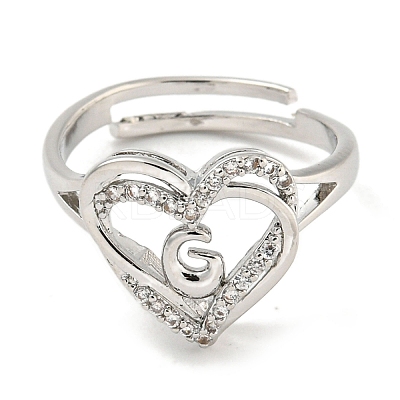 Heart with Letter Rack Plating Brass Micro Pave Clear Cubic Zirconia Adjustable Rings for Women RJEW-I105-01P-G-1