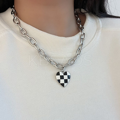 Black and White Checkered Heart Alloy Enamel Pendant Necklaces for Women FS-WGFAE52-01-1