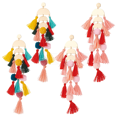 2 Pairs 2 Colors Polyester Tassel with Pompom Boho Chandelier Earrings EJEW-AN0001-75-1
