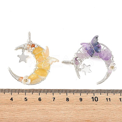 4Pcs 4 Colors Natural Topaz Jade & Yellow Fluorite & Lavender Amethyst & Aquamarine & Rose Quartz & Carnelian Round Chip Wire Wrapped Pendants PALLOY-TA00437-1