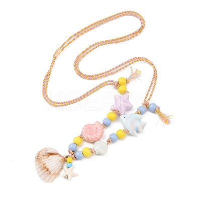 Ceramics Starfish Fish & Resin Shell Shape Pendant Adjustable Cotton Cord Necklaces for Women NJEW-Z100-01A-G-1