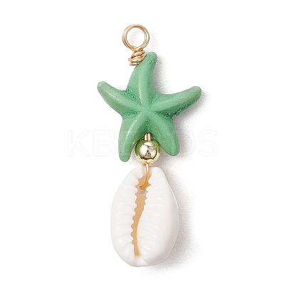 Starfish Dyed Synthetic Turquoise & Natural Cowrie Shell Pendants PALLOY-JF03553-1