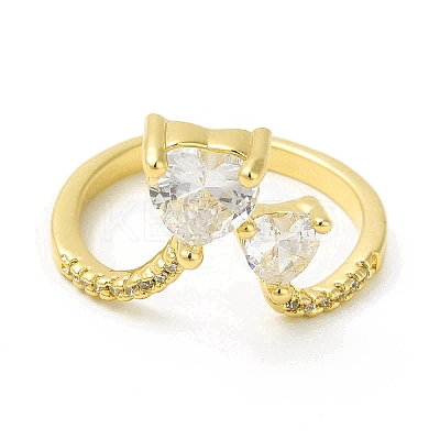 Clear Cubic Zirconia Double Heart Open Cuff Ring RJEW-H120-01G-1
