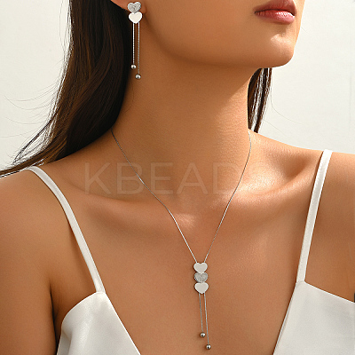 201 Stainless Steel Heart Lariat Necklace & Earrings Set for Women AF6640-1