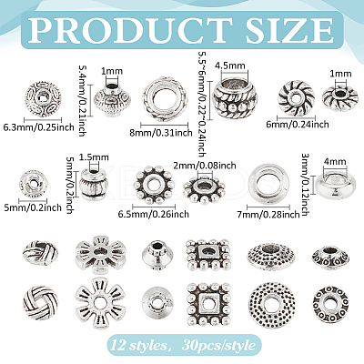 360Pcs 12 Styles Tibetan Style Alloy Spacer Beads FIND-PH0023-79AS-1
