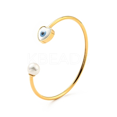 Shell Pearl & Heart with Evil Eye Open Cuff Bangle BJEW-G647-03G-1