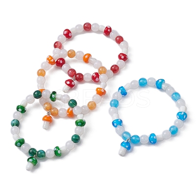 Lampwork Beaded Stretch Bracelet with Resin Mushroom Charms BJEW-JB09570-1