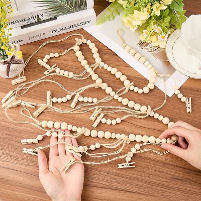 Wall Hanging Photo Display with Wooden Beads Garland AJEW-WH20011-54C-1