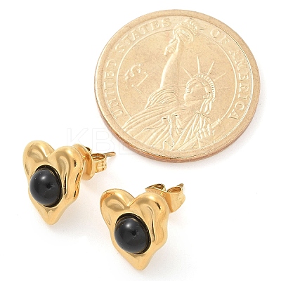 Natural Obsidian & Ion Plating(IP) 304 Stainless Steel Heart Stud Earrings EJEW-A118-04G-01-1