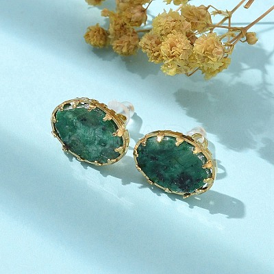 304 Stainless Steel Turquoise Oval Stud Earrings for Women EJEW-R010-01G-03-1