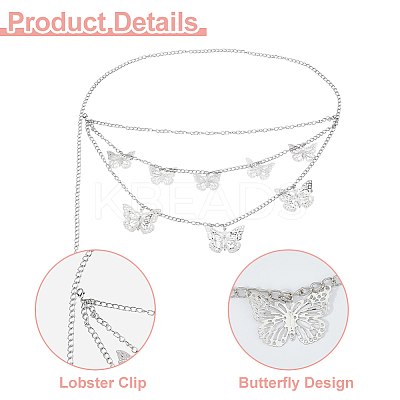 2Pcs 2 Colors  Aluminum Butterfly Tassel 3 Layered Waist Body Chains for Women Girls AJEW-HS0001-17-1