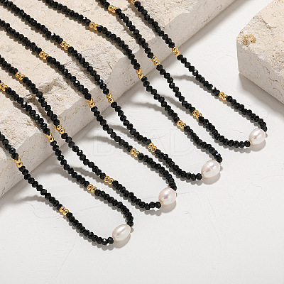 Natural Black Spinel Faceted Rondelle and Freshwater Pearl Beaded Necklaces AF5401-1