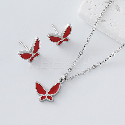 304 Stainless Steel Enamel Butterfly Pendant Necklace & Stud Earrings Set for Women AP1846-5-1