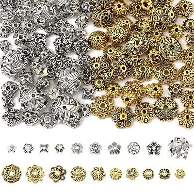 100Pcs 10 Styles Tibetan Style Alloy Flower Bead Caps TIBE-YW0001-84-1
