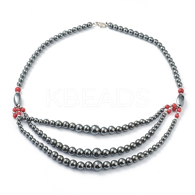 Non-Magnetic Synthetic Hematite & Turquoise Beades 3 Layer Necklaces NJEW-J058-01A-01-1