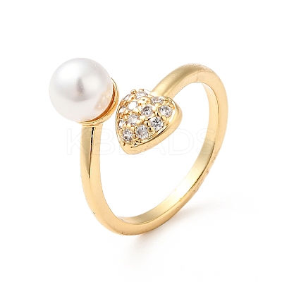 Clear Cubic Zirconia Heart Open Cuff Ring with Acrylic Pearl KK-E060-21G-1