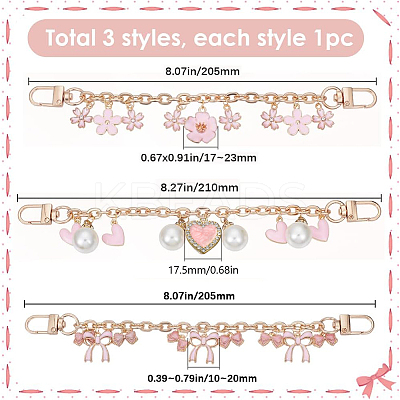 3Pcs 3 Styles Bowknot Heart Heart Pink Zinc Alloy Enamel Tassel Cable Chain Purse Chains FIND-BBC0004-56-1