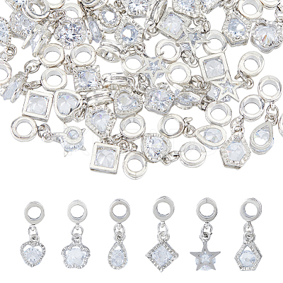 48Pcs 6 Styles Alloy Pave Clear Cubic Zirconia European Dangle Charms PALLOY-FI00002-1