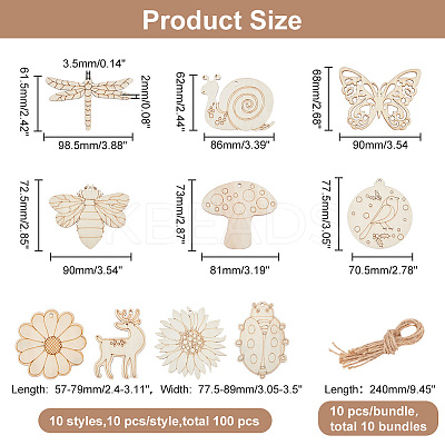 100 Sets 10 Style Unfinished Wood Pendant Decorations AJEW-AR0001-70-1