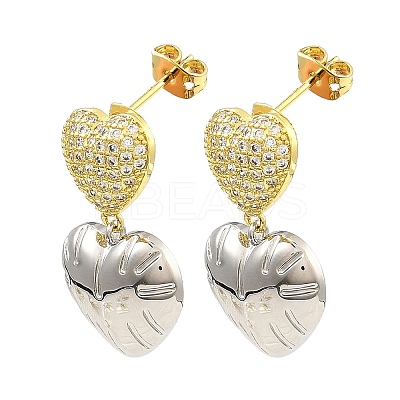 Rack Plating Brass Heart Dangle Stud Earrings with Cubic Zirconia EJEW-D069-06GP-1