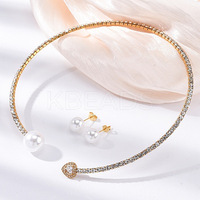Round Plastic Imitation Pearl Stud Earrings & Cubic Zirconia and Rhinestone Heart Cuff Choker Necklaces Sets SJEW-U003-01G-1