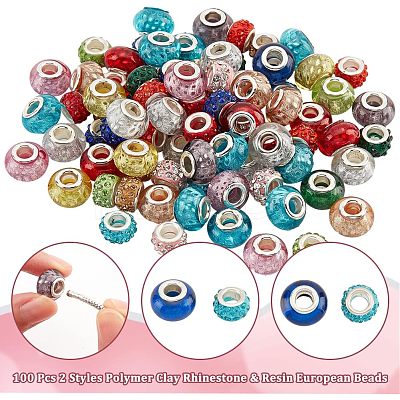 100Pcs 2 Style Polymer Clay Rhinestone & Resin European Large Hole Beads with Silver Color Plated Brass Cores FPDL-NB0001-04-1