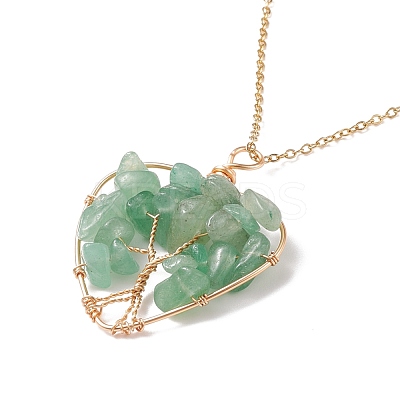 Natural Green Aventurine Chips Heart with Tree of Life Pendant Necklace NJEW-JN03906-02-1