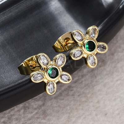 Flower Brass Micro Pave Cubic Zirconia Stud Earrings EJEW-Z087-01G-1