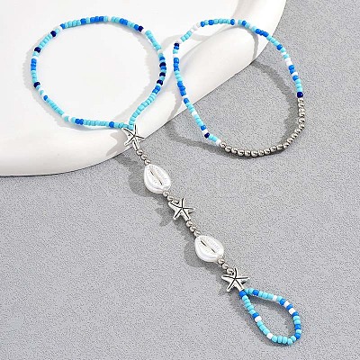 Bohemian Style Alloy Starfish & Plastic Shell Shape & Glass Seed Beaded Stretch Double Layer Toe Ring Anklets for Women FS-WG2BCD2-01-1