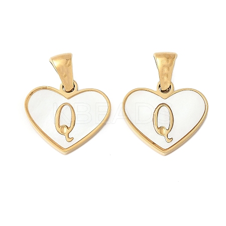 304 Stainless Steel Pave Natural White Shell Heart with Initial Slice Pendants STAS-R168-25G-Q-1