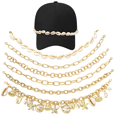 6Pcs 6 Styles Ocean Theme Cowrie Shell & Aluminum & Brass Alloy Cap Chain HJEW-SC0002-36-1