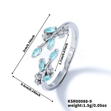 Exquisite Brass Cubic Zirconia Willow Leaf Cuff Rings for Women UN6923-9-1
