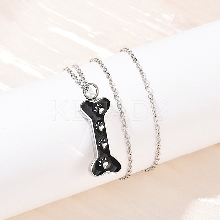 304 Stainless Steel Black Enamel Paw Print Bone Pendant Pet Urn Ashes Necklaces NJEW-S455-06P-1