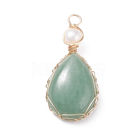 Natural Green Aventurine Copper Wire Wrapped Pendants PALLOY-JF01398-06-1