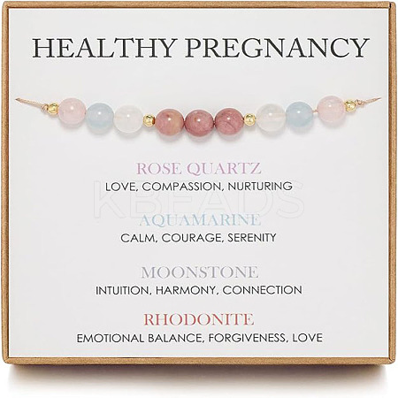 Adjustable Natural Rose Quartz & Aquamarine & Moonstone & Rhodonite Round Beaded Slider Bracelets for Healthy Pregnancy Gift FS-WG14B1D-01-1