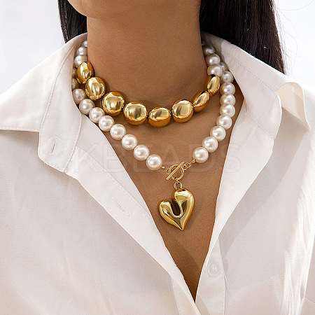 CCB Plastic Heart Pendant Alloy & Plastic Pearl Beaded Double Layered Necklaces for Women FS-WG4655B-09-1