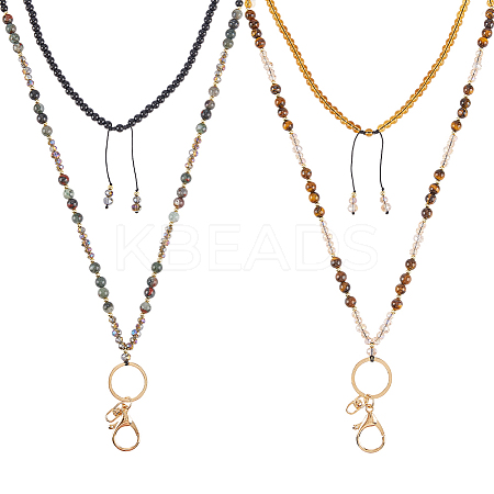 Natural African Bloodstone & Natural Tiger Eye & Glass Retractable Badge Reel with Chains HJEW-SC00158-1
