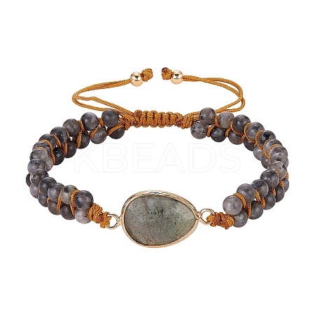 Natural Labradorite Teardrop Link Braided Bead Bracelet BJEW-SZ0002-54C-1