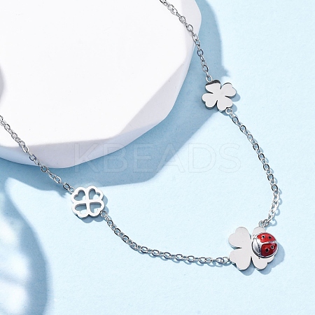 304 Stainless Steel FireBrick Enamel Ladybug Clover Link Chain Necklaces NJEW-R026-11P-1