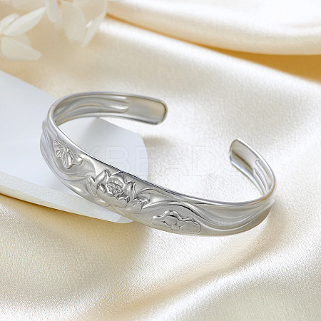 12MM 304 Stainless Steel Lotus Flower Cuff Bangles for Women LS-BJEW-P359-01P-1
