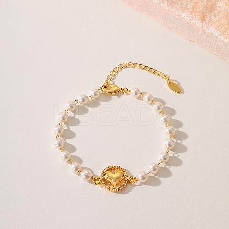 Fashionable Heart Brass Crystal Rhinestone & Imitation Pearl Braided Bead Bracelets for Women DV0214-4-1