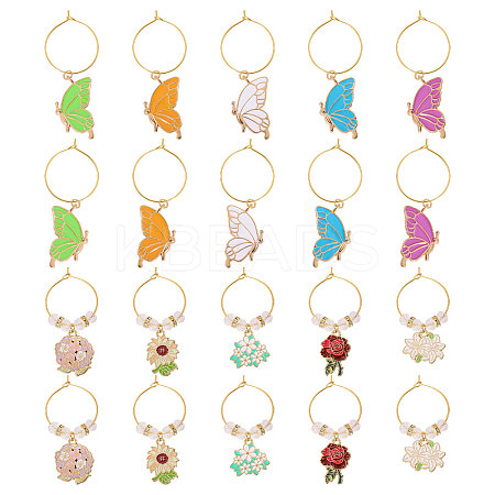 20Pcs Butterfly & Flower Alloy Enamel Wine Glass Charms AJEW-CA00003-1