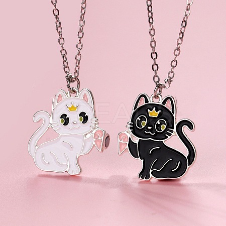 2Pcs Zinc Alloy Enamel Magnetic BFF Cat Shaped Split Pendant Friendship Necklaces for Girls FS-WG880EB-02-1