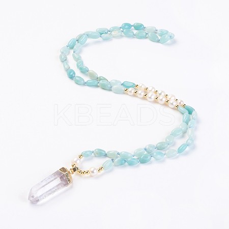 Natural Amazonite and Natural Quartz Crystal Pendant Necklaces NJEW-I220-06-1
