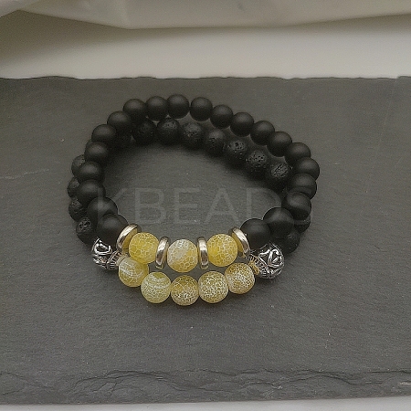 Natural Lava Rock & Frosted Stone Round Beads Stretch Bracelet Set Women DF9720-6-1