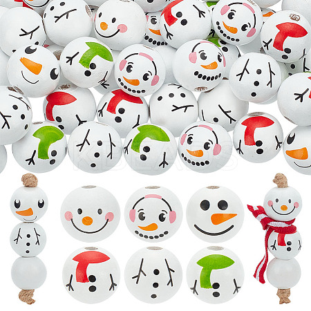 60Pcs 6 Styles Round Christmas Snowman Print Wood European Beads WOOD-PH0002-98-1
