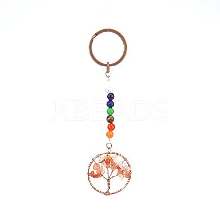 Flat Round with Tree of Life Natural Carnelian Chips Keychains PW-WG79447-02-1